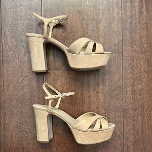 SCHUTZ Keefa Sandal, Platform Heels in Honey Beige Suede, Made in Brazil, Size 8